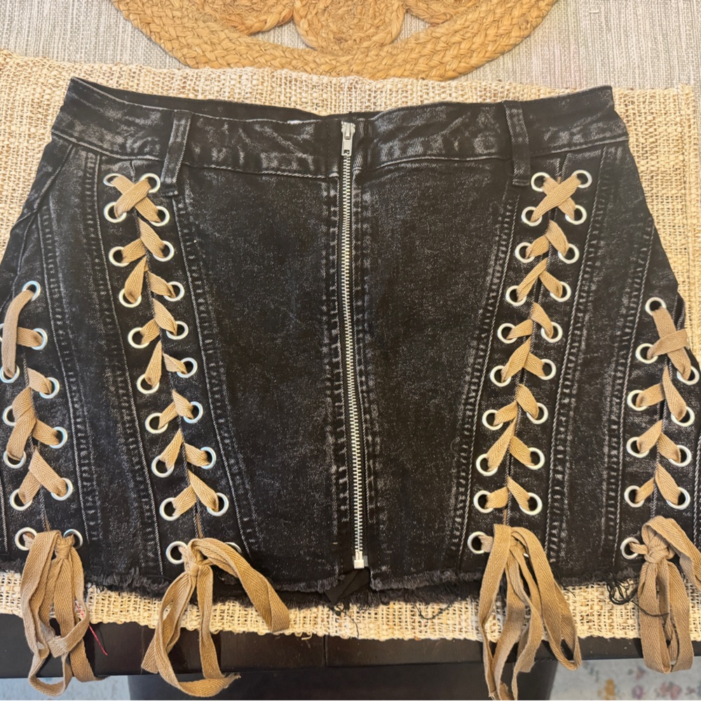 Windsor Black Denim Lace-Up Mini Skirt - Picture 3 of 5
